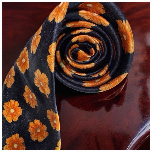 Bijan Black Silk Floral Tie - Orange Daisy Print | Statement Luxury Neckwear - Picture 2 of 15